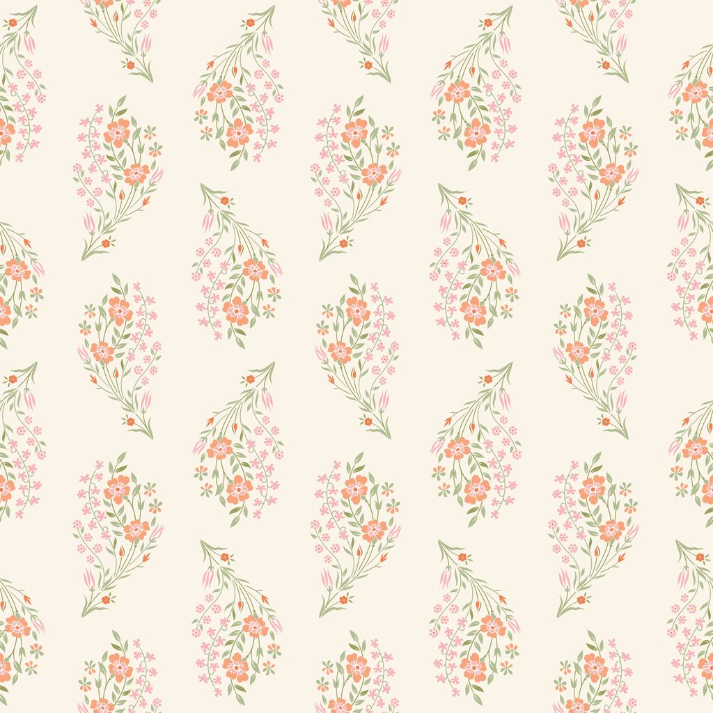 Floral pattern with pink flowers and green leaves on a beige background