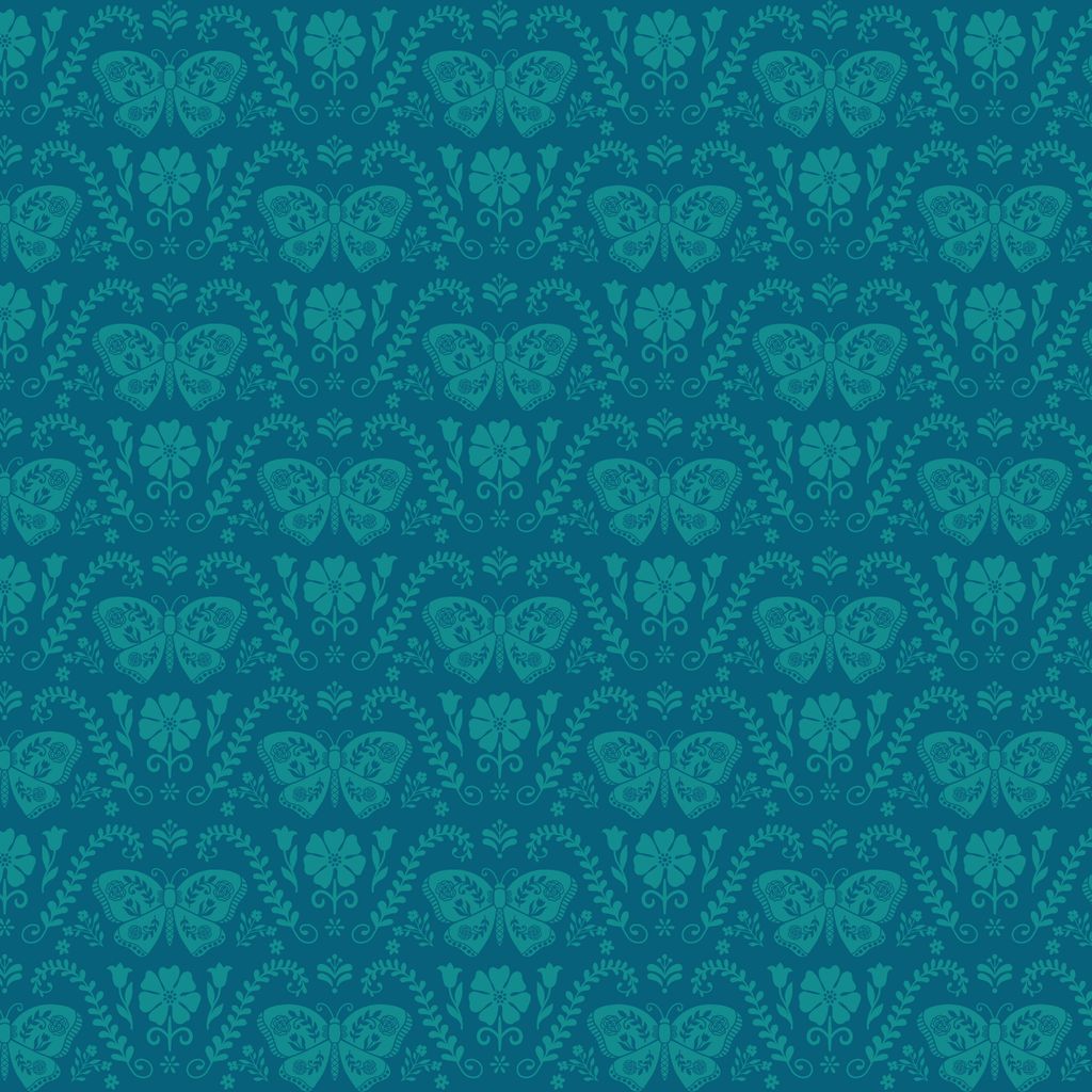 Teal butterfly and floral pattern on a blue background