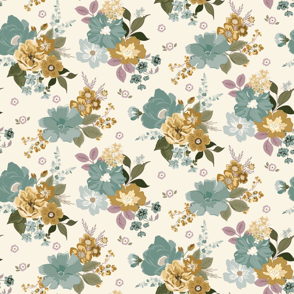 Floral pattern with blue, yellow, and green flowers on a beige background
