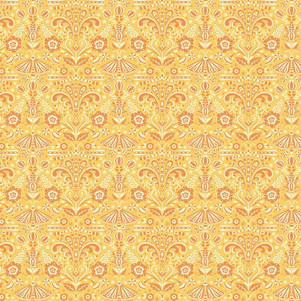 Decorative pattern with floral and leaf designs on a yellow background