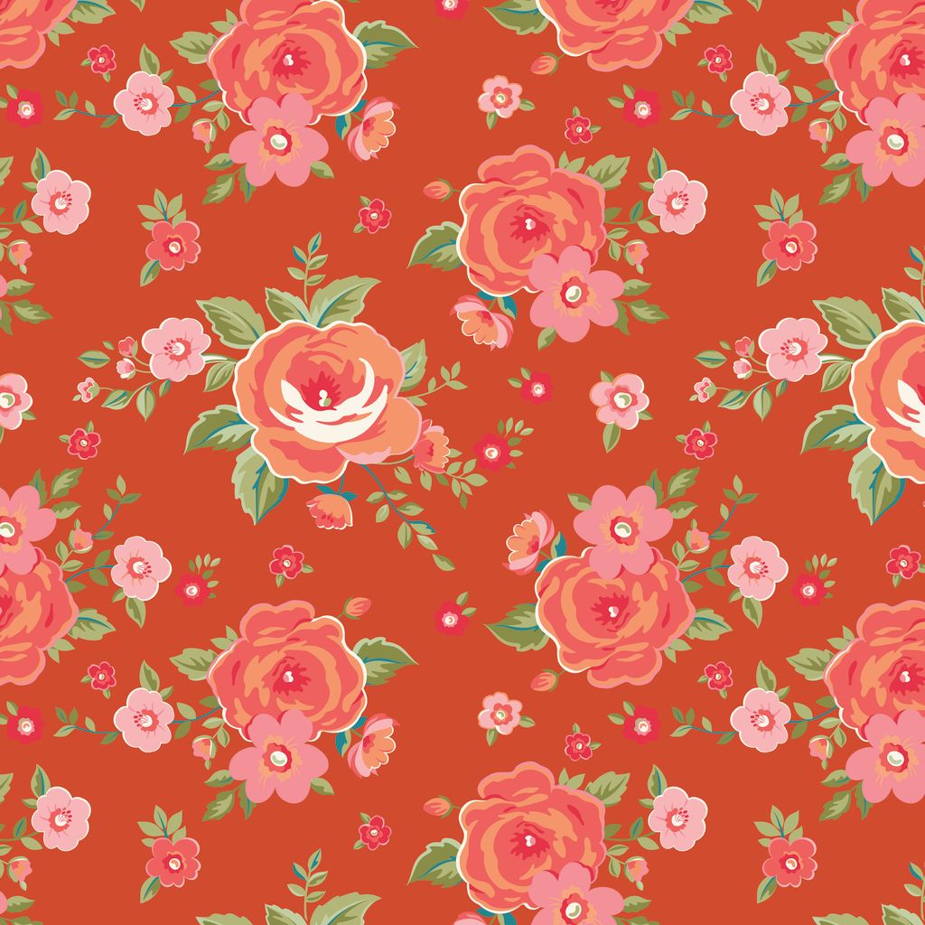 Floral pattern with pink and orange flowers on a red background