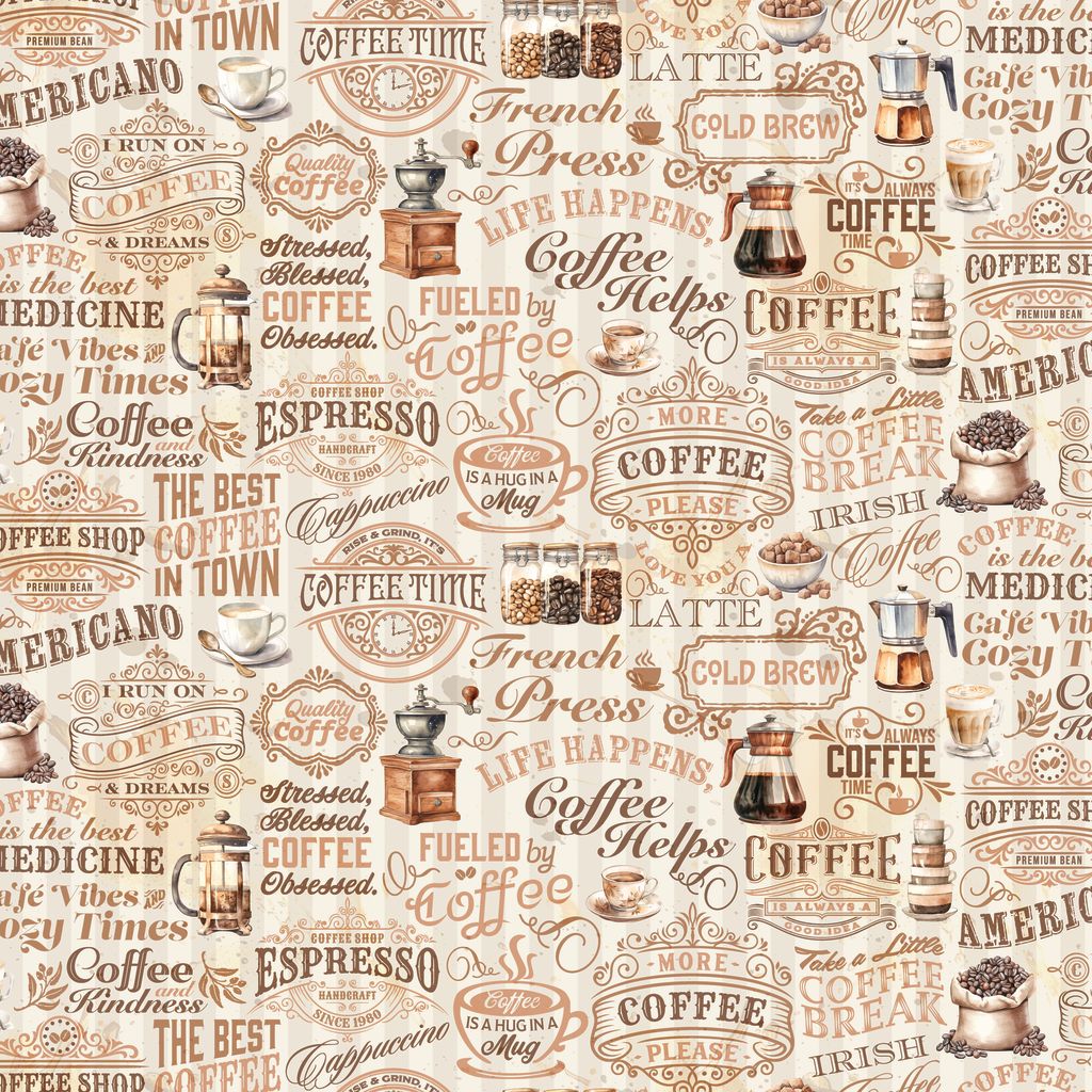 Patterned fabric with coffee-themed text and graphics on a beige background