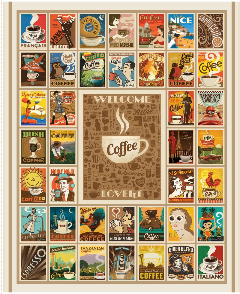 Collage of vintage-style coffee posters with a central 'Welcome Coffee Lovers' text