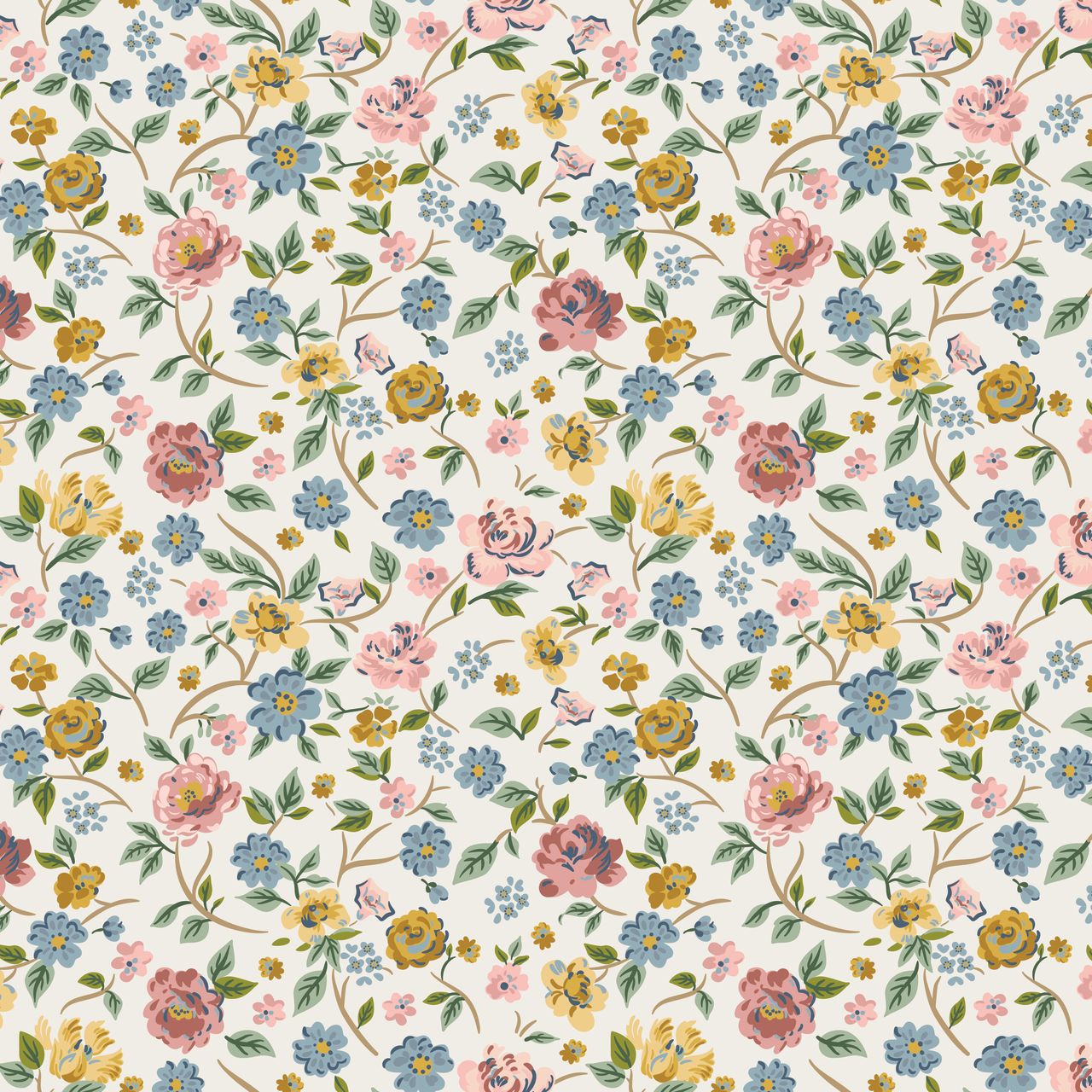 Pattern of small flowers and leaves on a white background