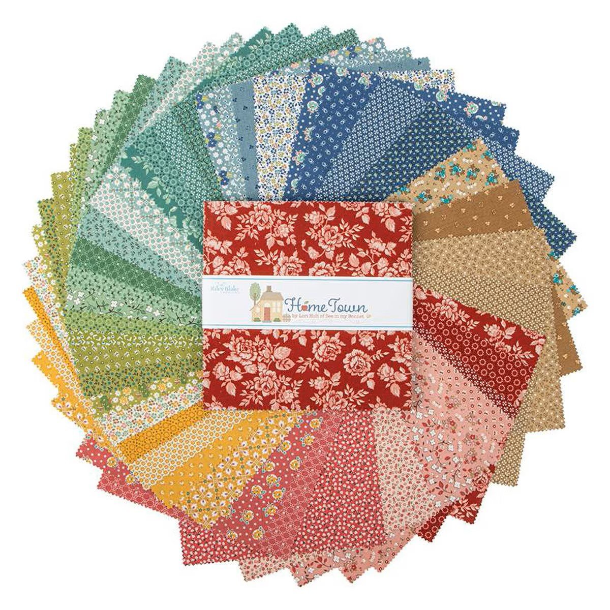 Collection of patterned fabric squares with a 'Home Town' label on a white background
