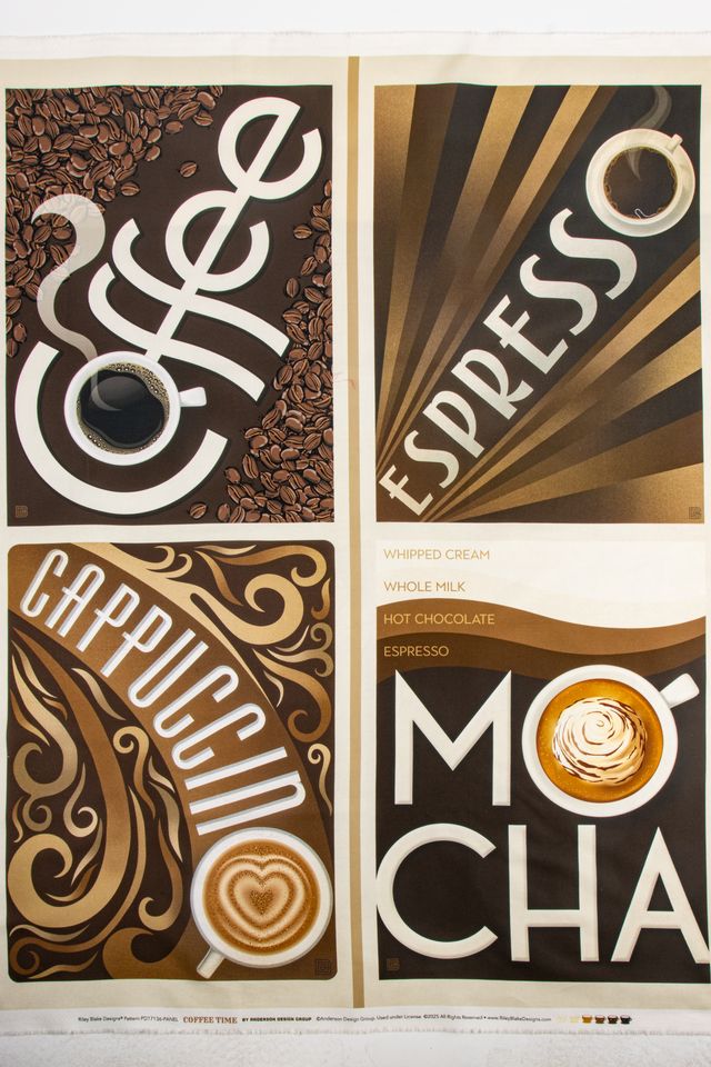 Four coffee-themed posters with text and graphics on a white background