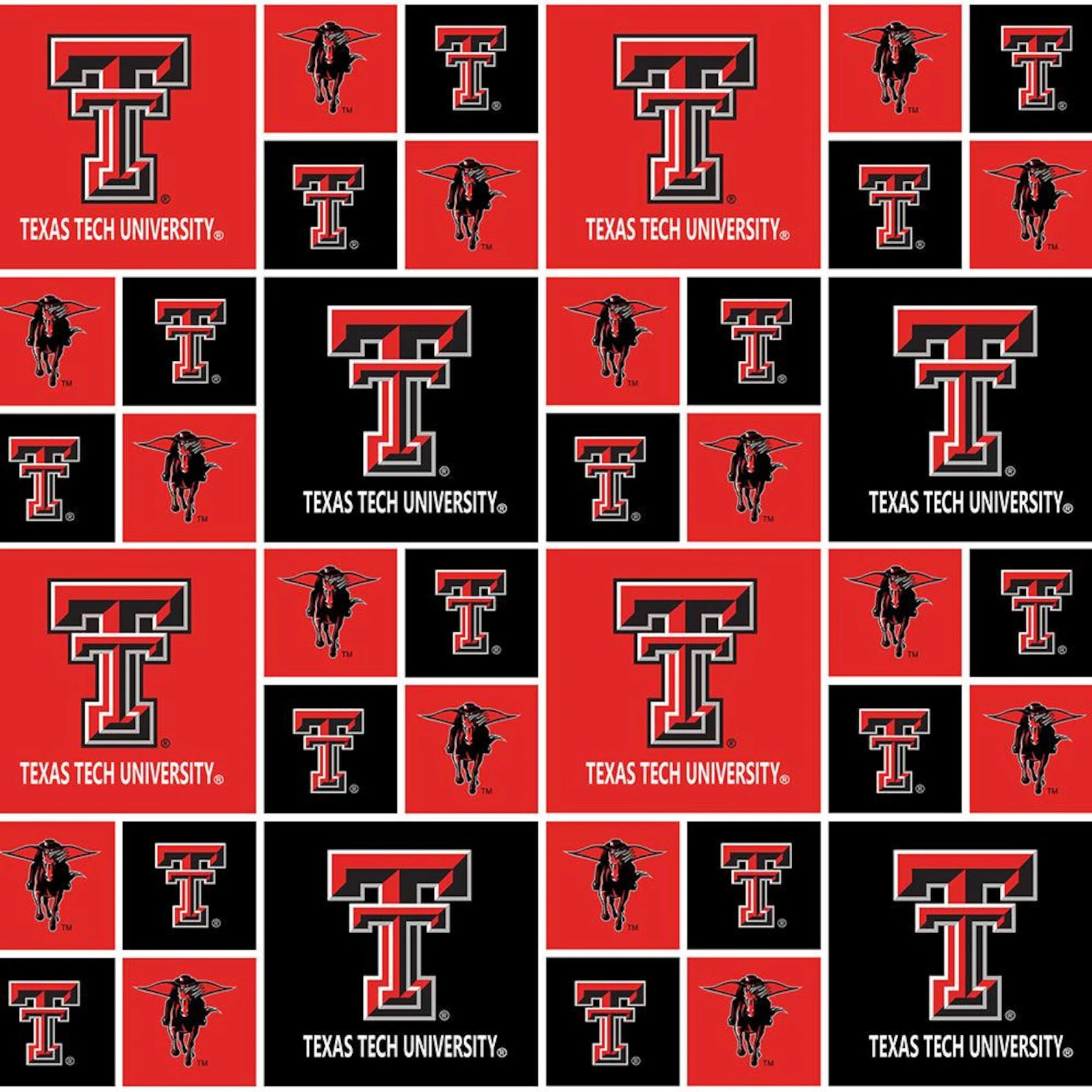 Pattern of Texas Tech University logos in red and black squares.