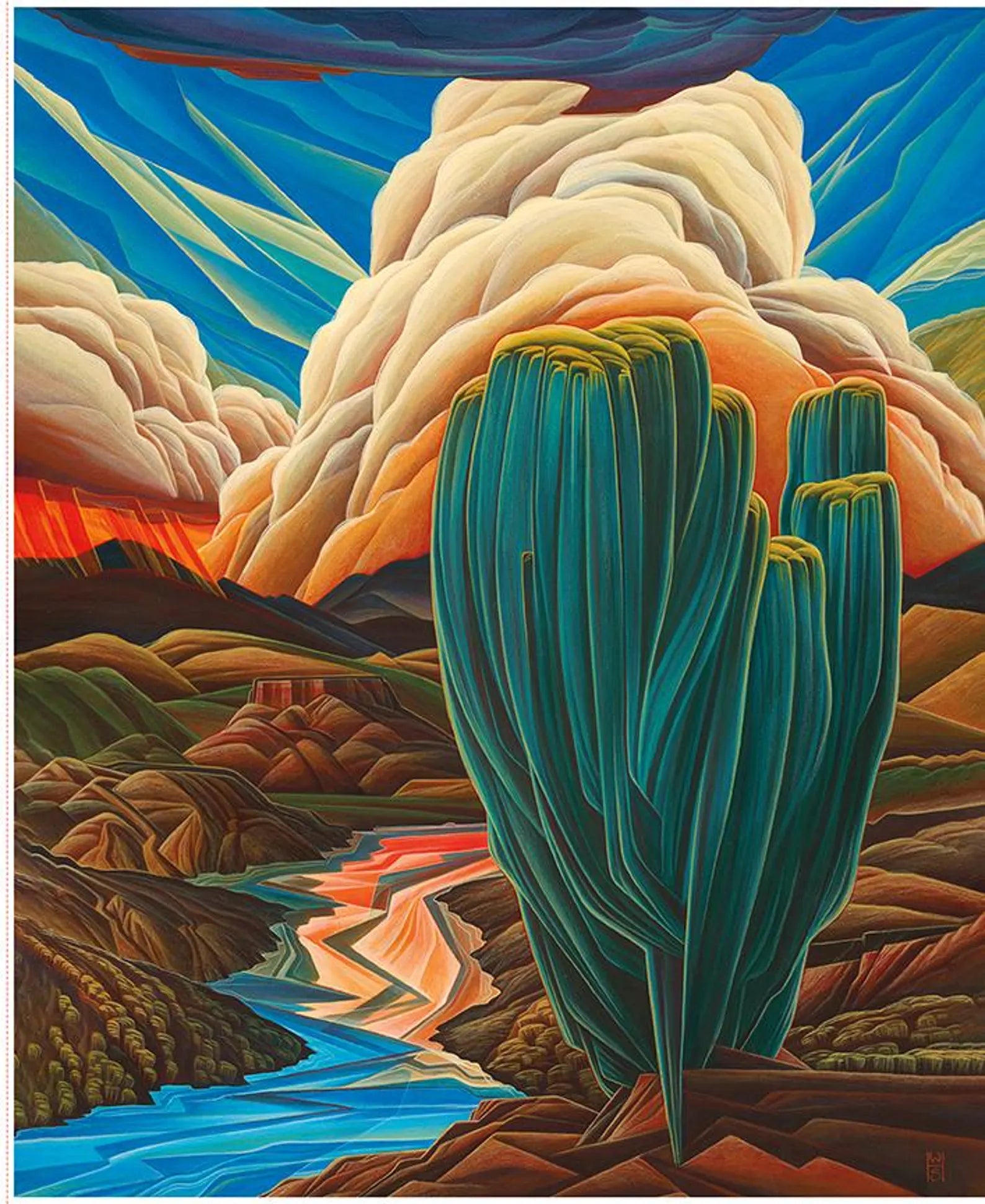 Colorful landscape painting with a large cactus-like plant and flowing water.