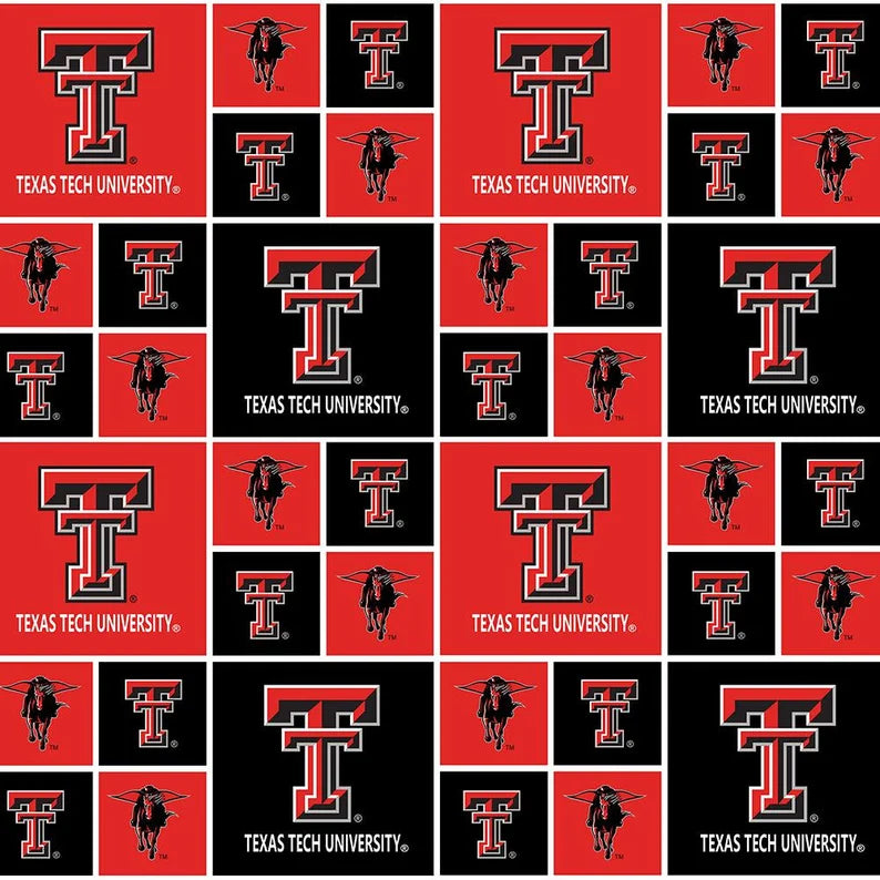 Pattern of Texas Tech University logos and mascot on a red and black background