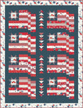 Quilt with red, white, and blue pattern on a blue background