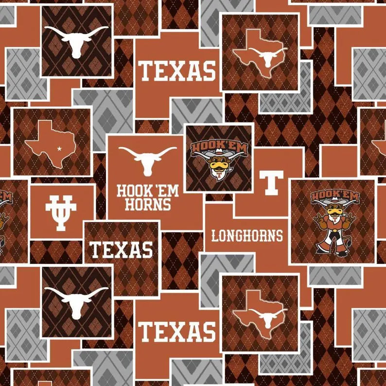 Patterned fabric with Texas Longhorns logos and text on a brown and gray background