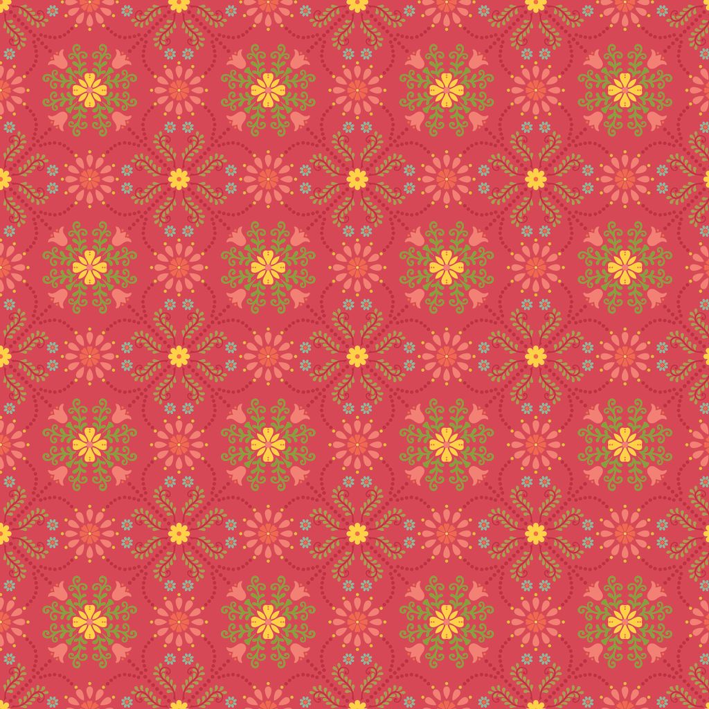Pattern of colorful flowers on a red background