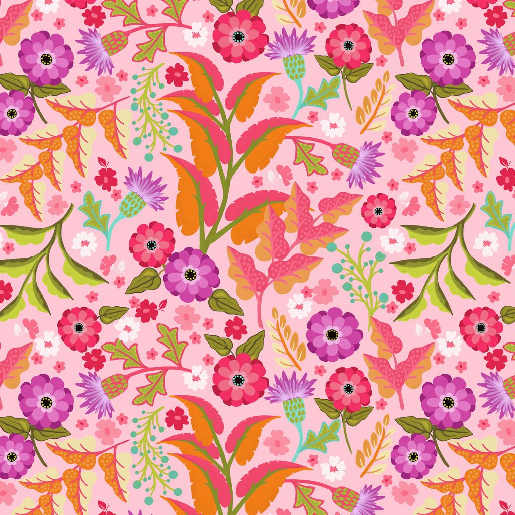 Colorful floral pattern on a pink background