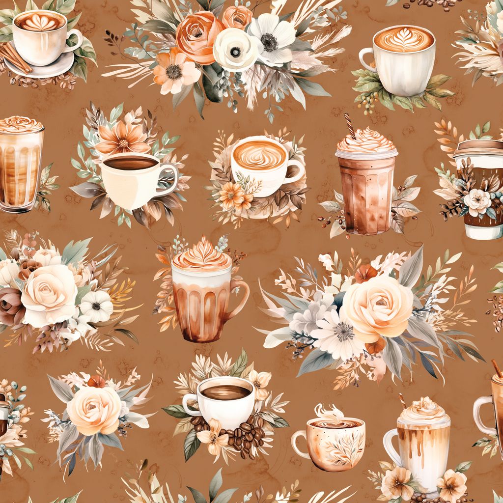 Pattern of coffee cups and floral elements on a brown background