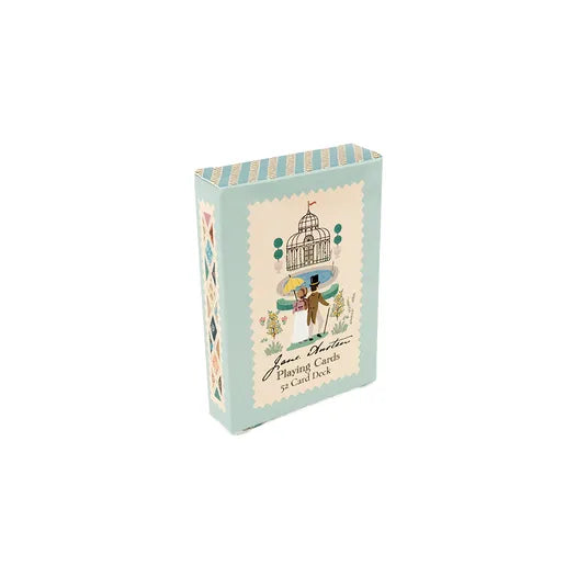 A vintage-style playing cards deck box by Jane Austen, featuring a light blue-green cover with an illustration of a birdcage and a gentleman, and striped patterned inner flaps, shown on a plain white background.