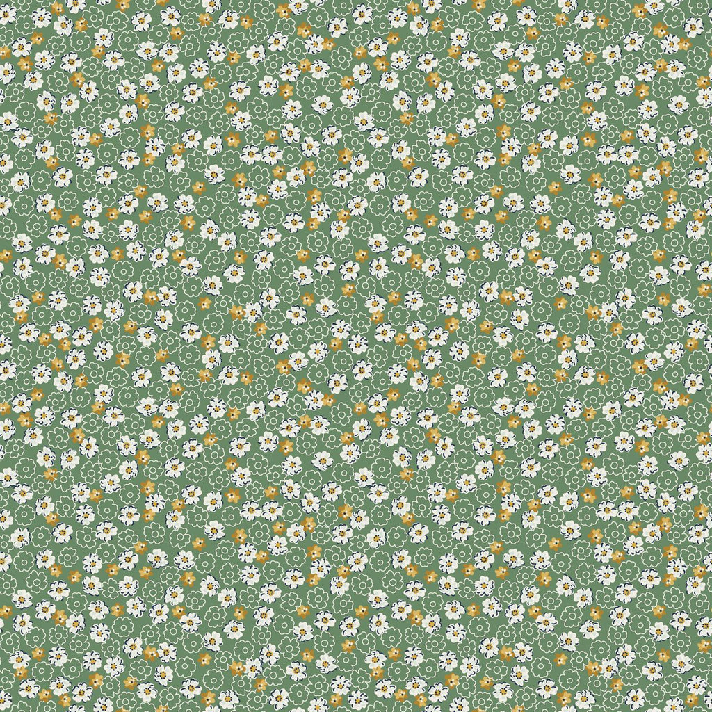 Pattern of small white and yellow flowers on a green background