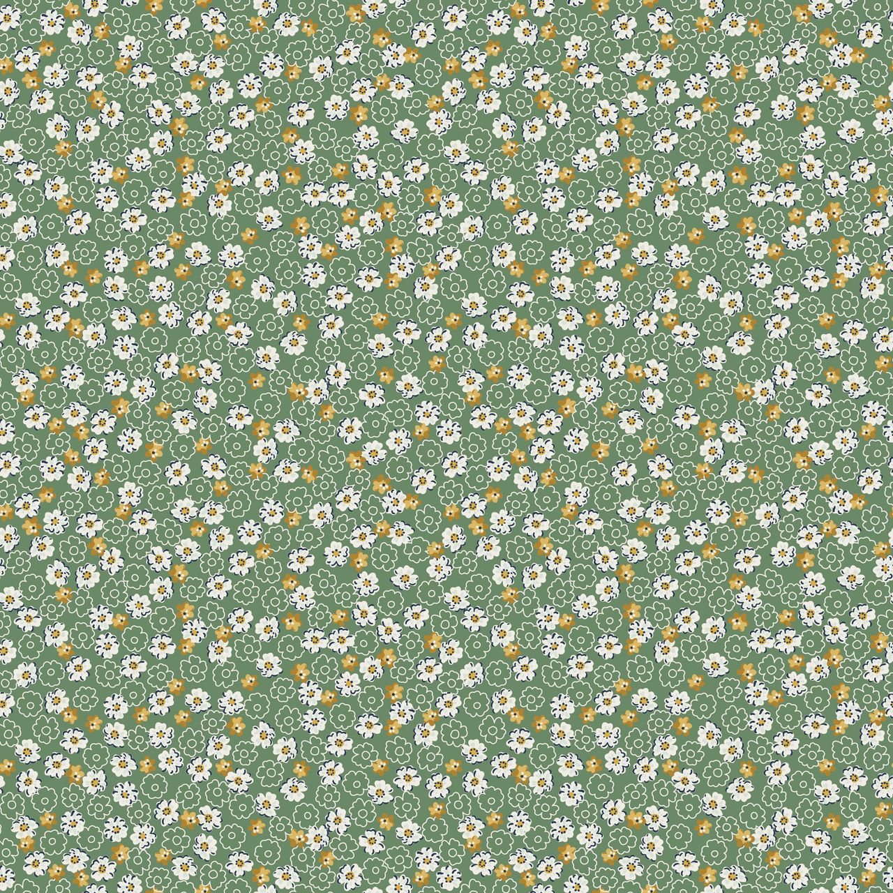 Pattern of small white and yellow flowers on a green background