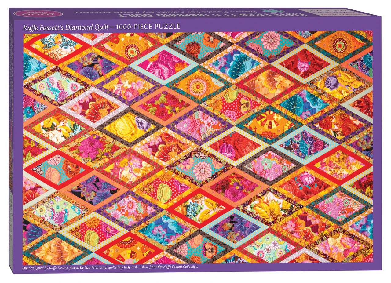 Colorful diamond quilt pattern on a puzzle box with 'Kaffe Fassett' branding.