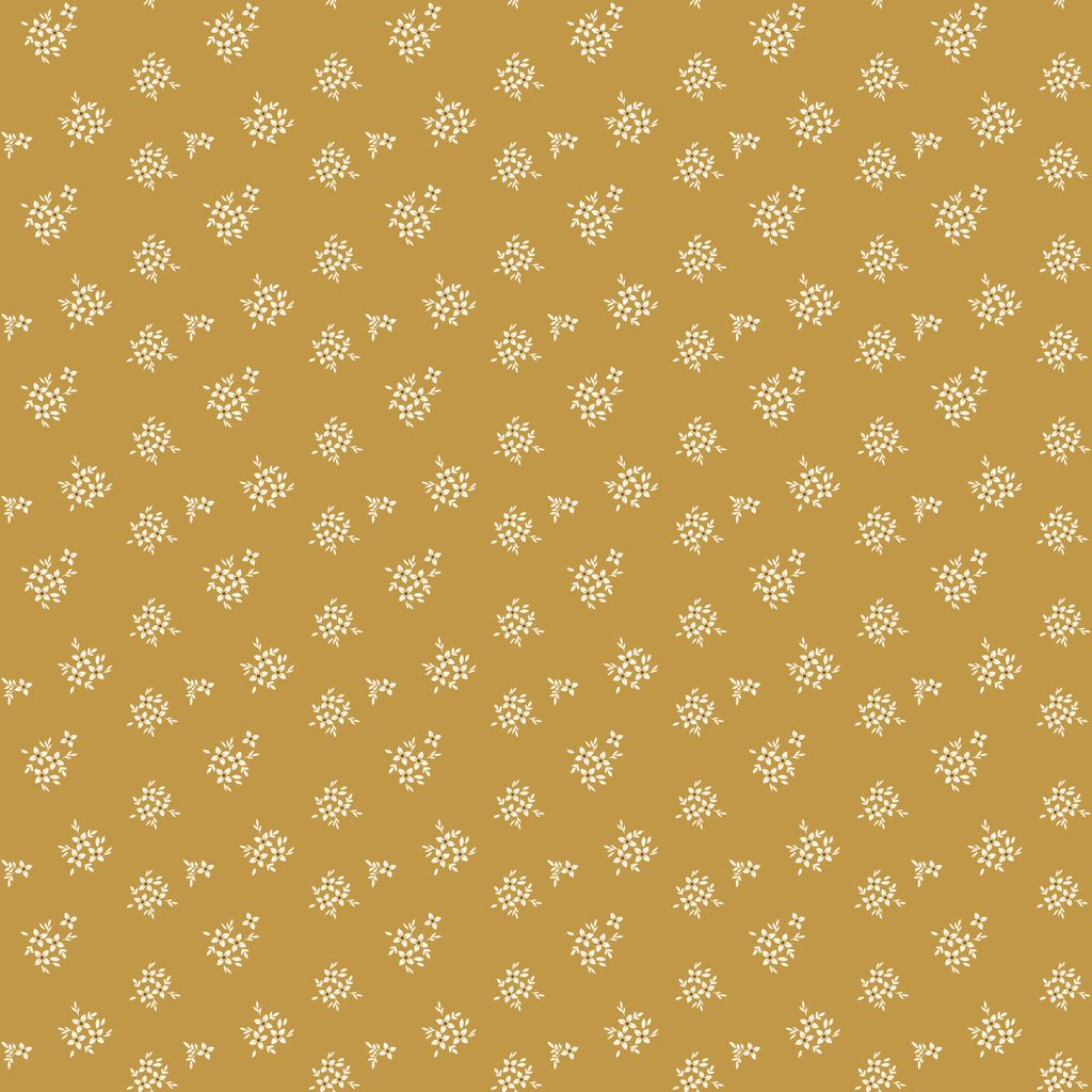 Pattern of small white flowers on a mustard yellow background